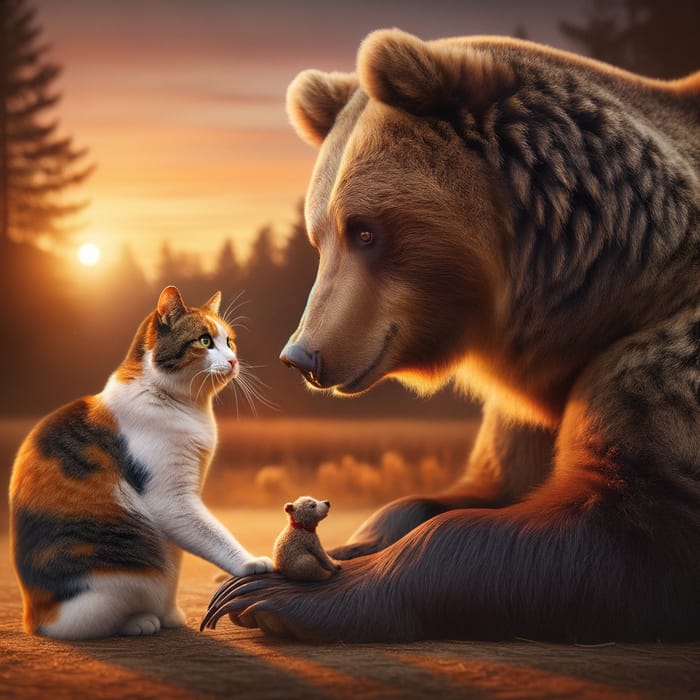 Whimsical Cat and Bear Friendship at Sunset