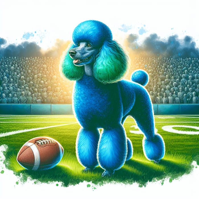 Vibrant Blue Poodle Strutting on Green Football Field