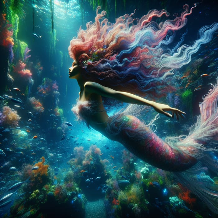 Surreal Underwater Mermaid Painting in Vibrant Fantasy Scene