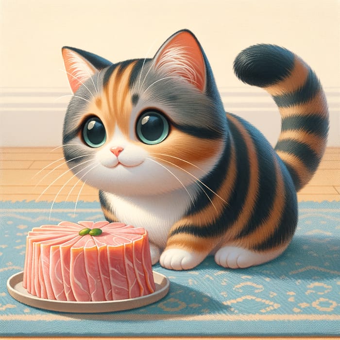 Adorable Cat Eating Ham - Cute Feline Dining on Delicious Food