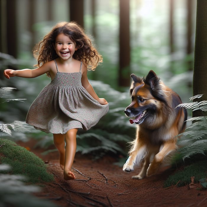 Sweet Cherubic Girl & Friendly Shepherd Dog Play in Tranquil Forest