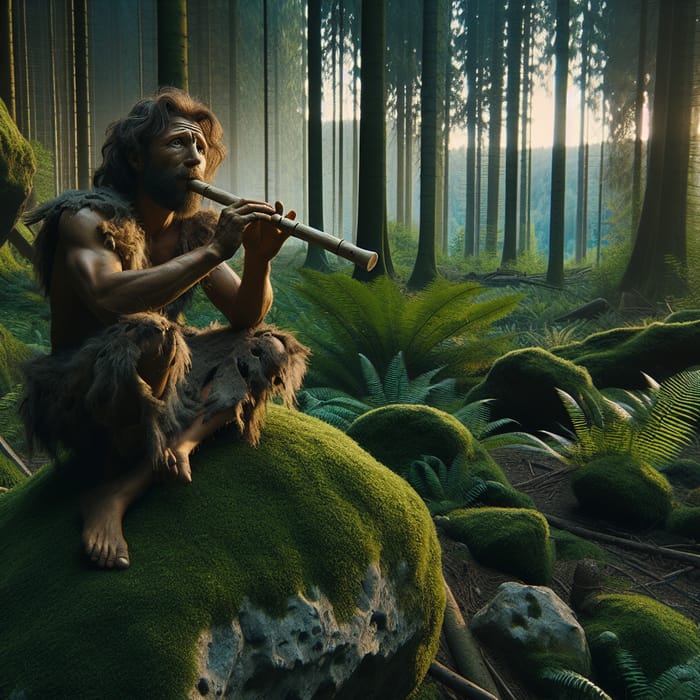 Caveman Playing Ancient Flute in Prehistoric Forest