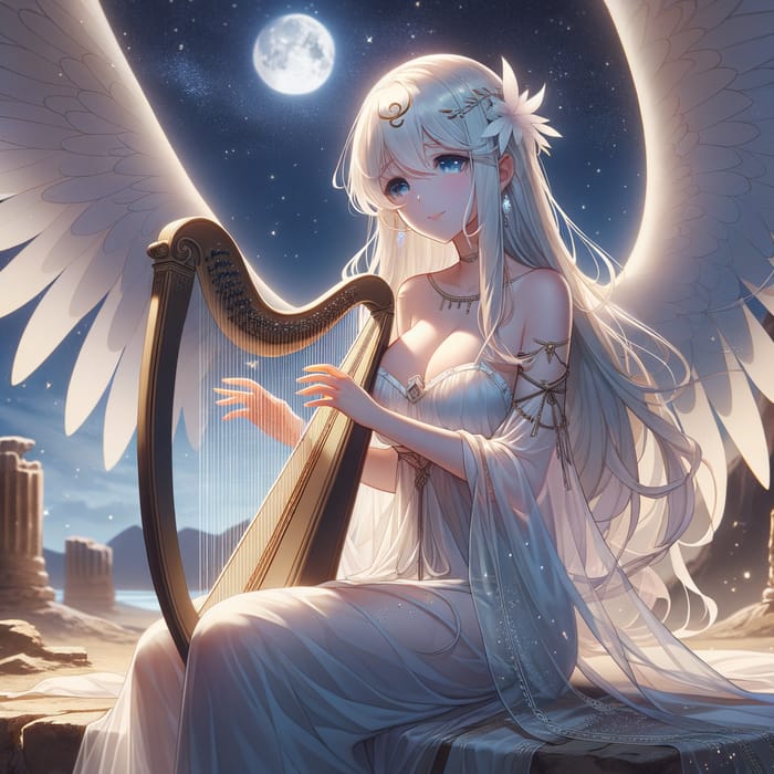 Ethereal Anime Princess Serenity Playing Harp in Moonlit Desert