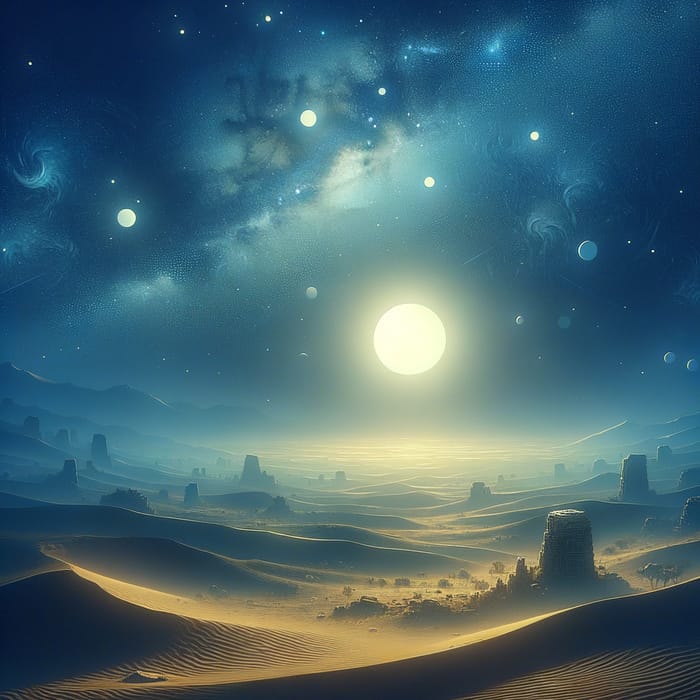 Anime Desert Night: Moon, Stars, Ruins, and Fog