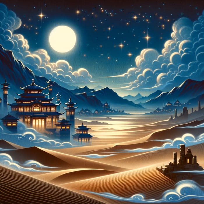Enchanting Anime Desert with Moon, Stars, Ruins & Palace
