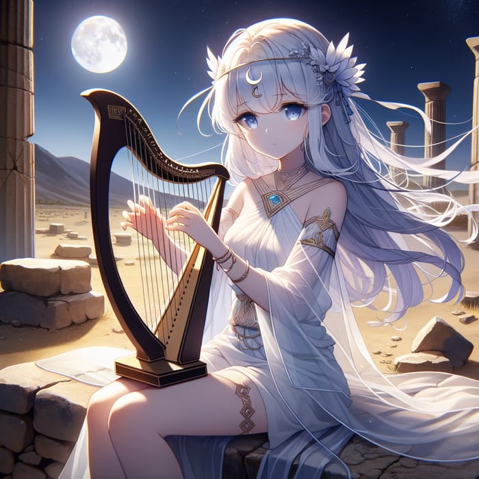Serenity of a White-Haired Anime Girl Playing Harp in Desert Oasis at Night