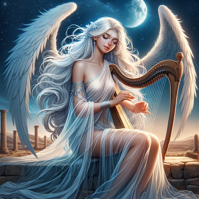 Serenity of a Greek Style Harpist with Angelic Wings
