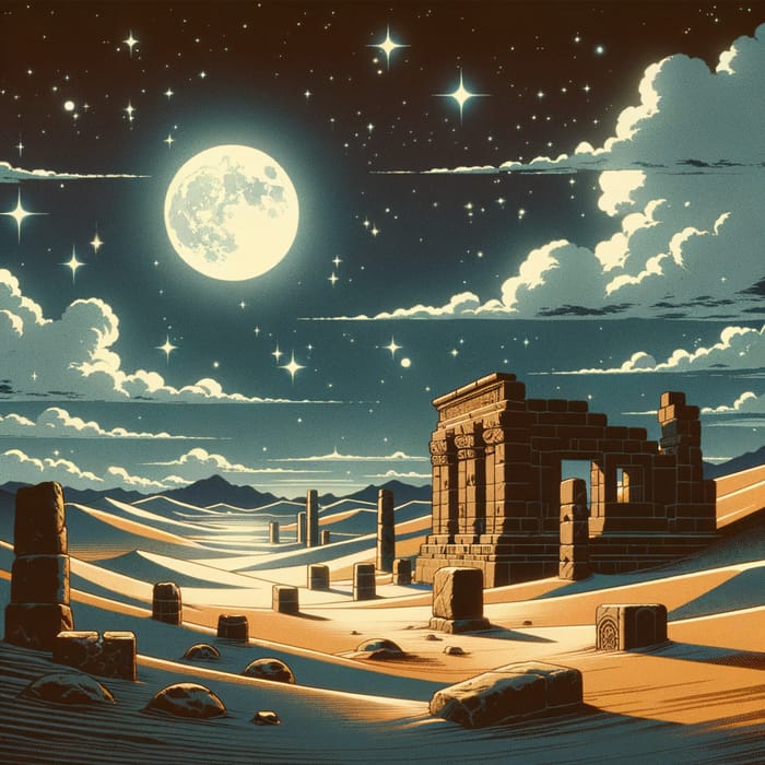 Anime Style Desert Night with Moon, Stars, Ruins & Clouds