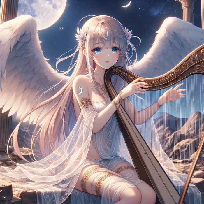 Anime Style Woman Playing Harp in Serenity | Ethereal Scene