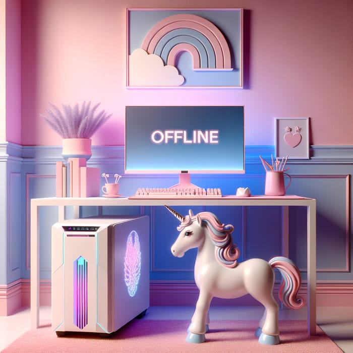 Soothing Retro Room with Gaming PC and Unicorn Toy