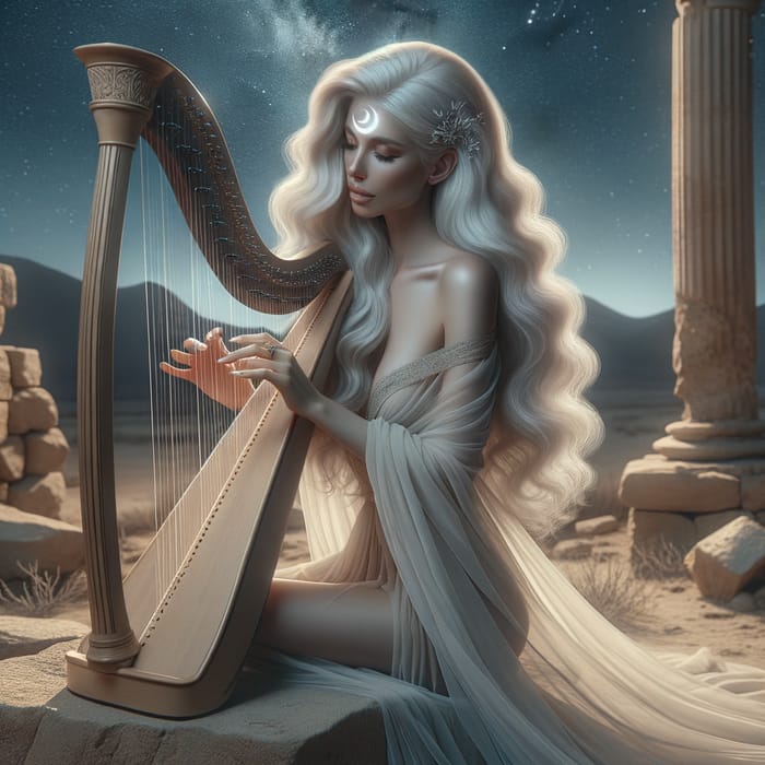 White-Haired Woman Playing Harp in Serene Moonglow