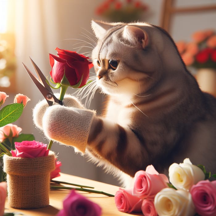 Cat Arranging Vibrant Rose Bouquet for March 8th Celebration
