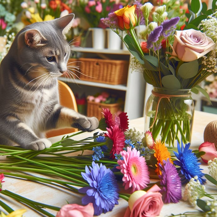 Grey Cat Florist Crafting Colorful Bouquet | Floral Design
