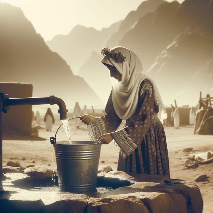 Saudi Girl Collecting Water from Traditional Well in Asir Region