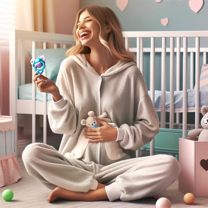 Colorful Nursery Scene with Woman in Onesie and Pacifier Joyfully Playing