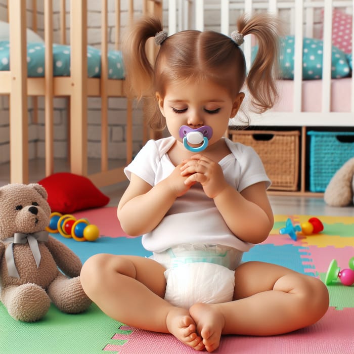 Toddler In Large Diaper Sitting Peacefully In Colorful Nursery Room 