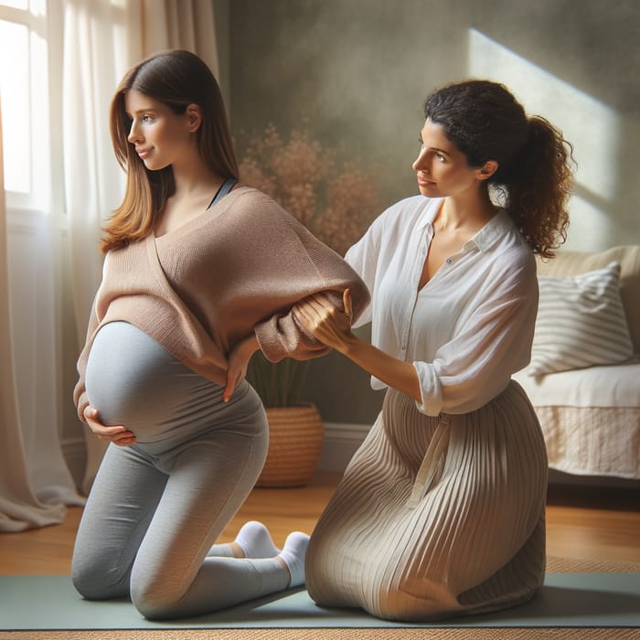 Hispanic Doula Supporting Pregnant Woman in Peaceful Yoga Session