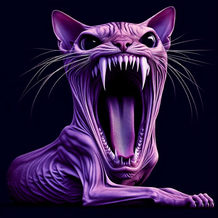 Intimidating Purple Cat with Unusual Mouth - Mysterious Feline