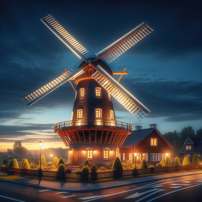 Twilight Illumination of Traditional Windmill with Peaceful Ambiance