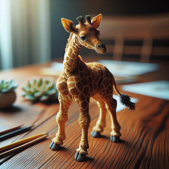 Realistic Miniature Giraffe Sculpture on Wooden Table