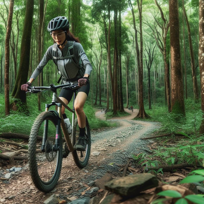 Asian Female Cyclist Riding Gravel Bike in Dense Gunle Forest