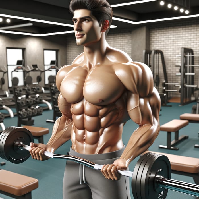 Physically Fit Man Showing Abs and Lifting Weights at the Gym