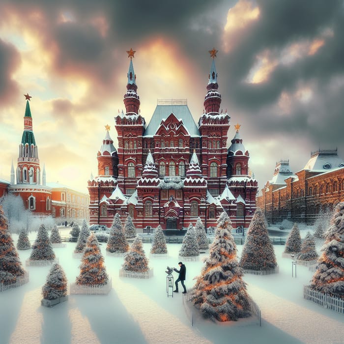 Festive Morning Scene with Snow-Covered Red State Historical Museum in Moscow