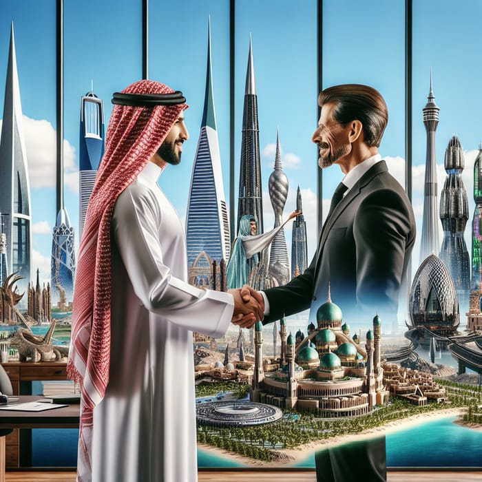 Saudi & Dubai Businessmen Meeting by Landmark Skyline in Luxury Office