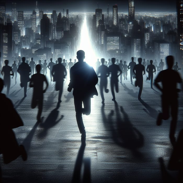 Dramatic Night City Chase: Enigmatic Escape to Light