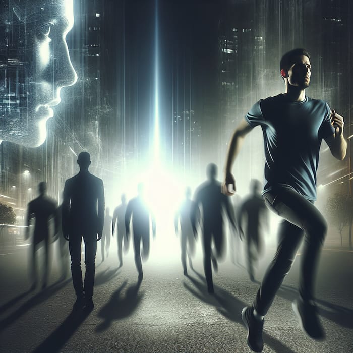 Man Running Through Dark City to Glowing Light
