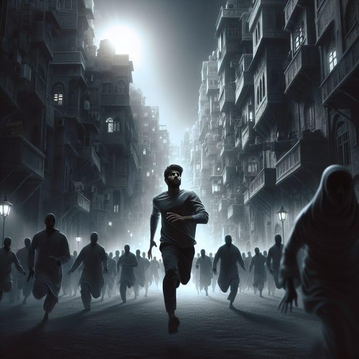 Surreal Scene of Man Running in Dark City Towards Bright Light