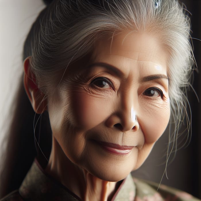 Elderly Asian Woman with Ponytail Headshot | Cultural Portrait