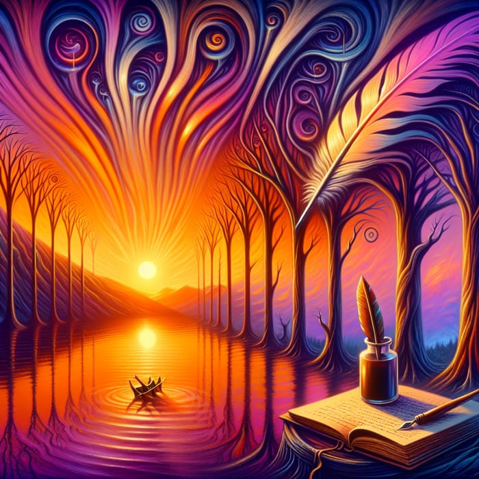 Enigmatic Sunset Landscape at Peaceful Lake with Surreal Elements | AI ...