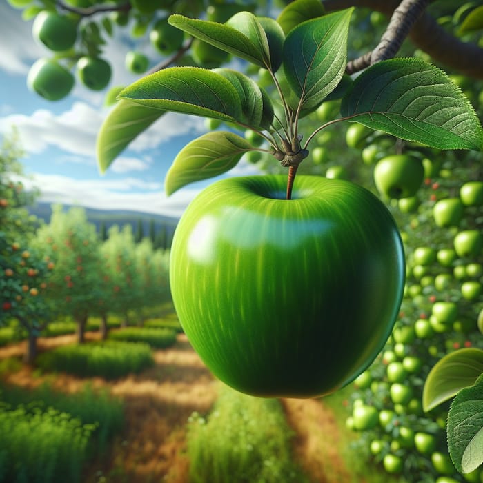 Hyper Realistic Green Apple in Lush Orchard Setting