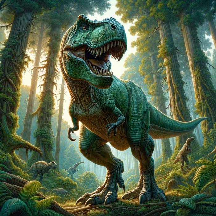 Vivid T-Rex Encounter in Lush Forest