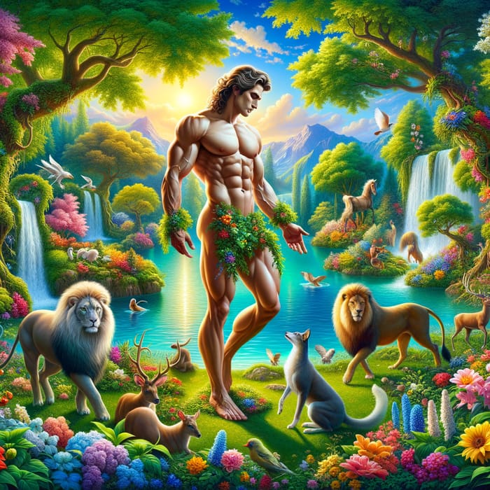 Muscular Adam in Paradise Garden: Tranquil Interaction