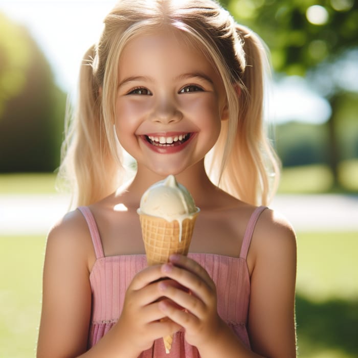 Little White Girl Savoring Vanilla Ice Cream Outdoors