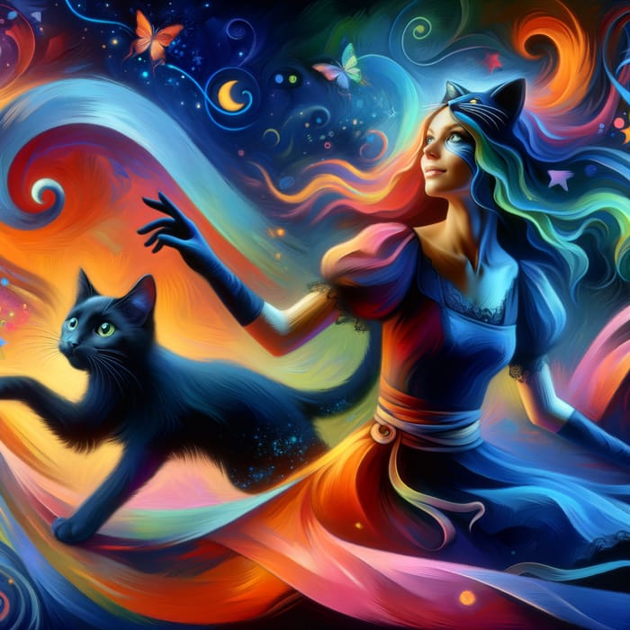 Imaginative Transformation: Woman to Charming Black Cat in Vibrant Colors
