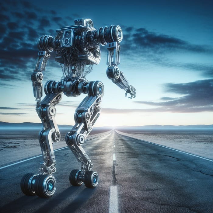Futuristic Robot Walking on Road - Post-Apocalyptic Scene