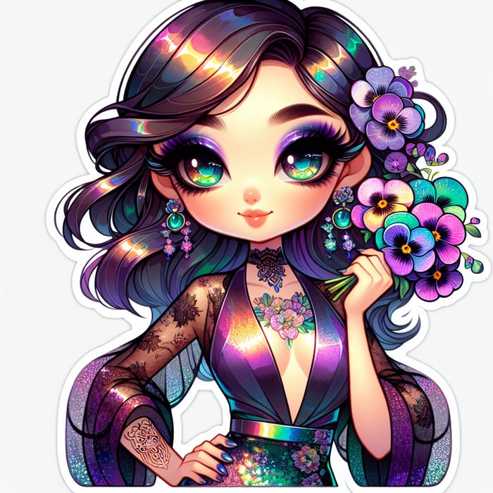 Iridescent Chibi Chinese Girl with Pansies Bouquet Sticker Portrait