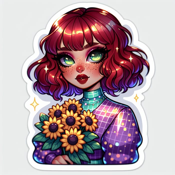 Iridescent Chibi Girl Sticker: Purple Teal Turtleneck & Sunflowers