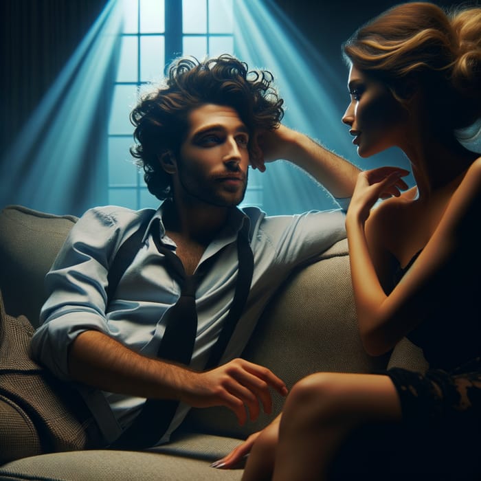 Man with Brown Curly Hair in Nighttime Scene with Woman