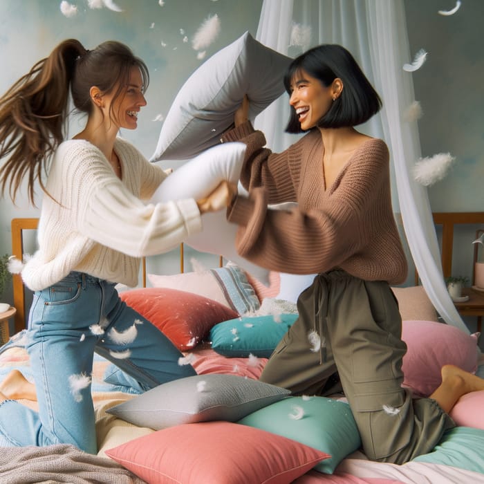 Playful Pillow Fight Between Diverse Women | Cozy Pastel Colors