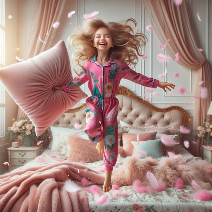 A Joyful Young Girl in Vibrant Pajamas Leaping on Luxurious Bed