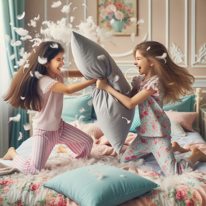 Dynamic Pillow Fight of Two Girls in Colorful Pajamas