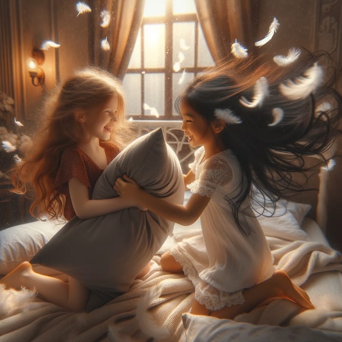 Playful Pillow Fight in Cozy Bedroom | Nostalgic Children's Illustration