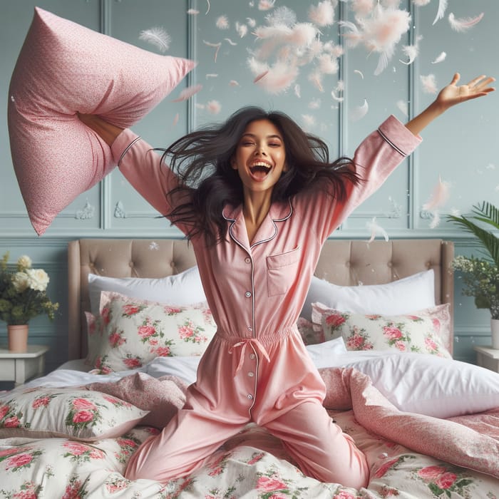Joyful South Asian Girl in Pink Pajamas Leaping on Large Floral Bed