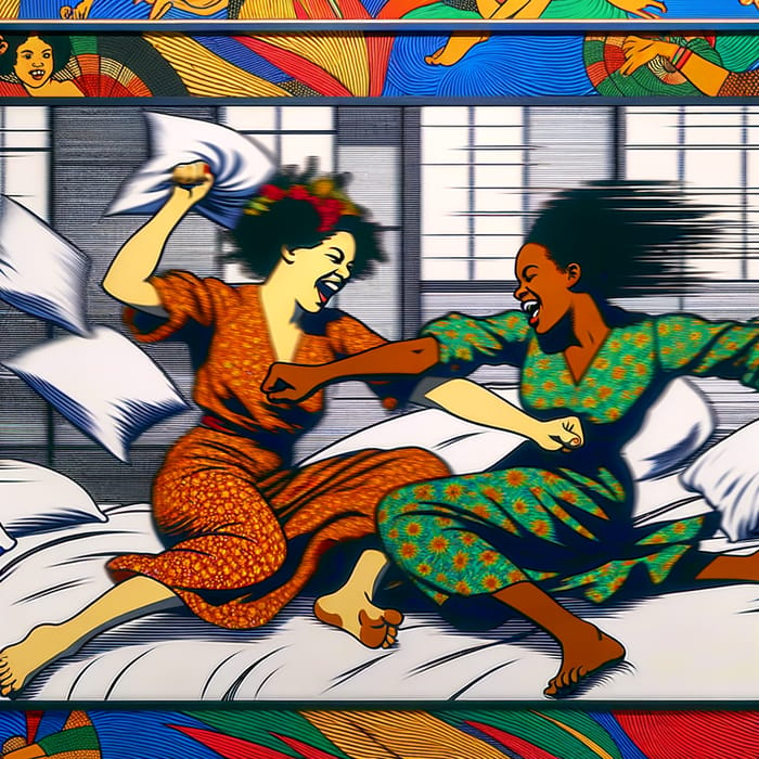 Vibrant Pillow Fight: Dynamic Pose of Two Women | Pop Art