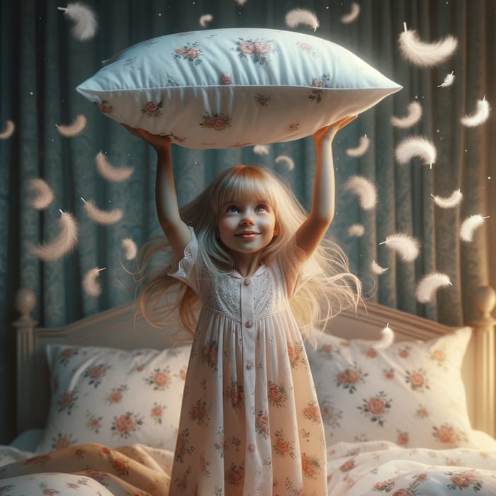 Whimsical Night Scene with Blonde Girl on Bed