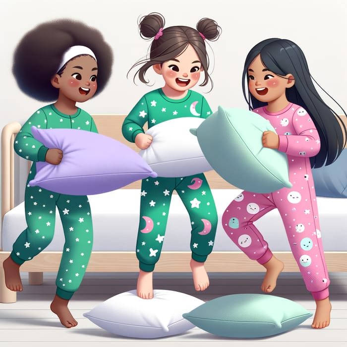 Three Diverse Girls in Cute Pajamas Enjoy Lively Pillow Fight